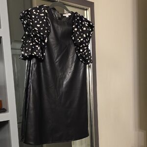 THML Black Faux Leather Mini Dress with Black-and-White Polka Dot Puff Sleeves